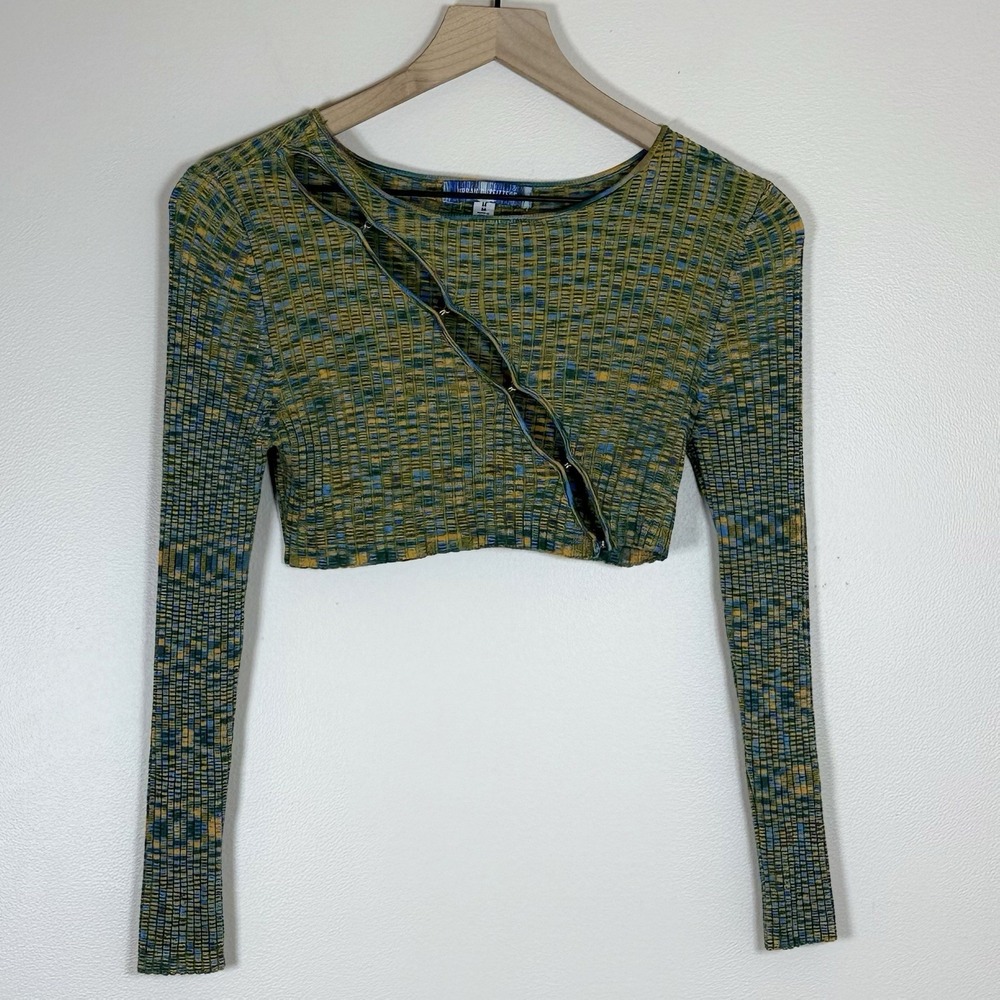 Urban Outfitters Women Crop Top Medium Green Hook Eye Ribbed Y2K Grunge Indie